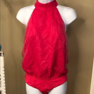 Vici Hot Pink Sheer Overlay Halter Bodysuit